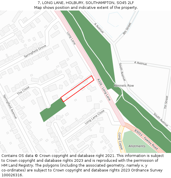 7, LONG LANE, HOLBURY, SOUTHAMPTON, SO45 2LF: Location map and indicative extent of plot