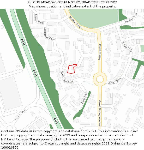 7, LONG MEADOW, GREAT NOTLEY, BRAINTREE, CM77 7WD: Location map and indicative extent of plot