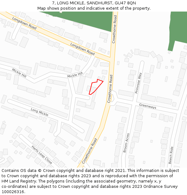 7, LONG MICKLE, SANDHURST, GU47 8QN: Location map and indicative extent of plot