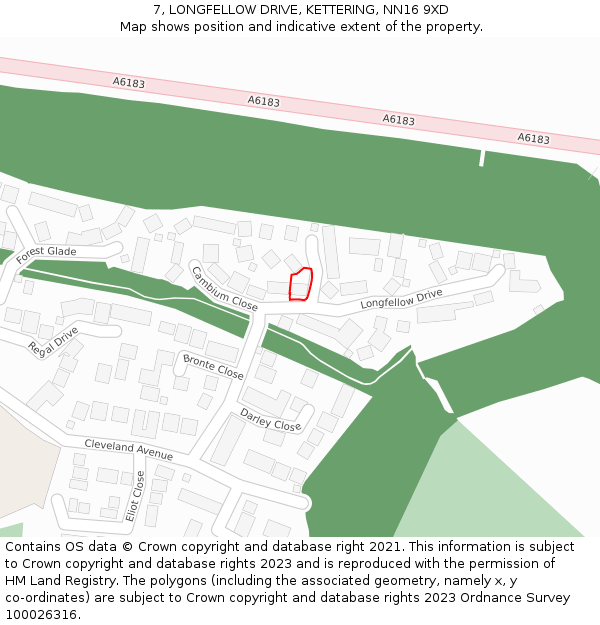 7, LONGFELLOW DRIVE, KETTERING, NN16 9XD: Location map and indicative extent of plot