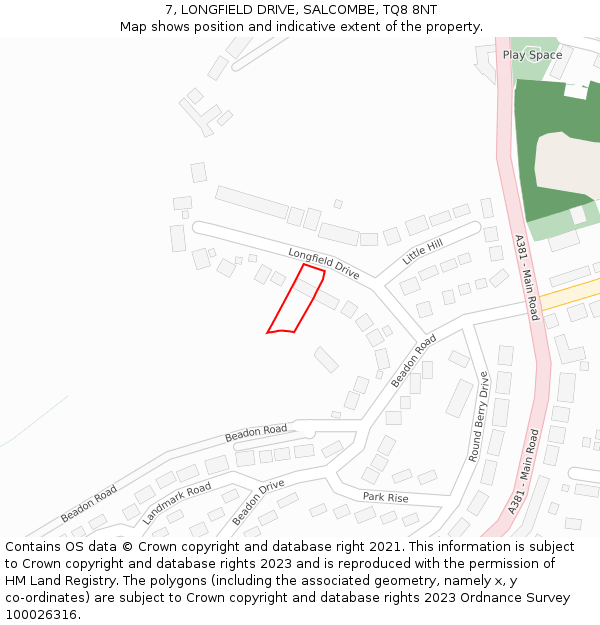 7, LONGFIELD DRIVE, SALCOMBE, TQ8 8NT: Location map and indicative extent of plot