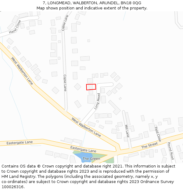 7, LONGMEAD, WALBERTON, ARUNDEL, BN18 0QG: Location map and indicative extent of plot