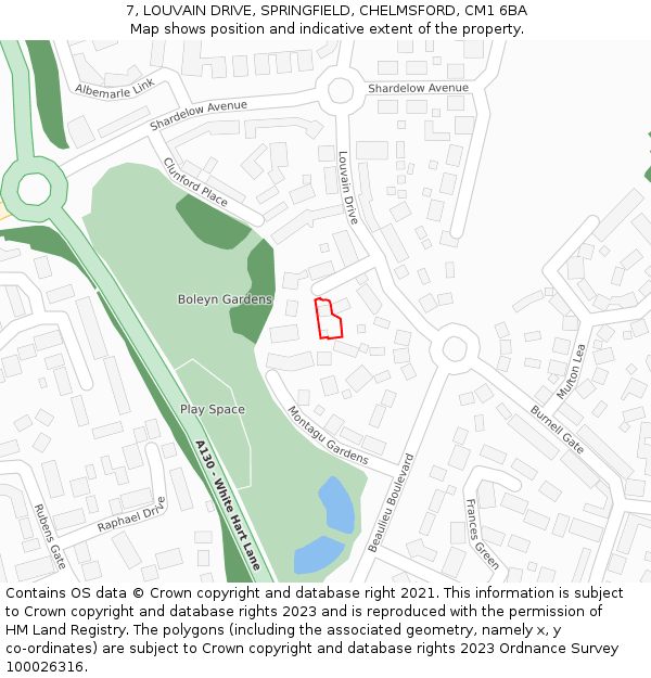 7, LOUVAIN DRIVE, SPRINGFIELD, CHELMSFORD, CM1 6BA: Location map and indicative extent of plot