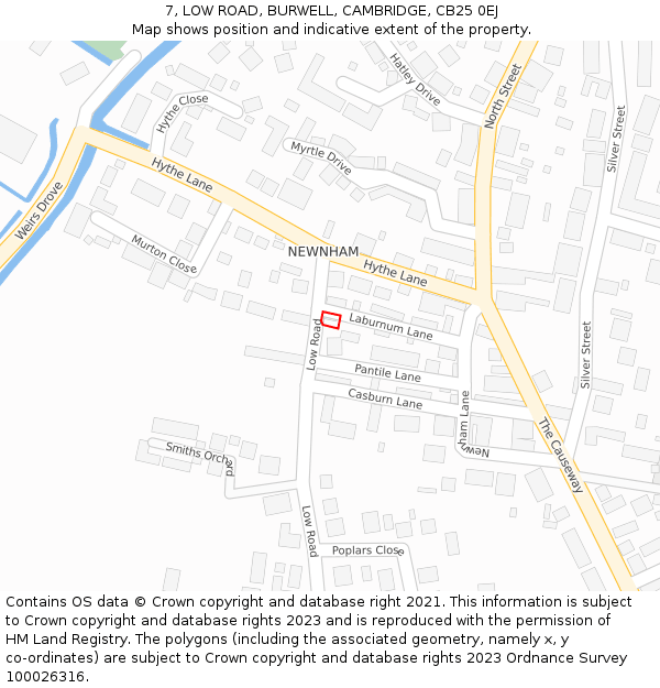 7, LOW ROAD, BURWELL, CAMBRIDGE, CB25 0EJ: Location map and indicative extent of plot