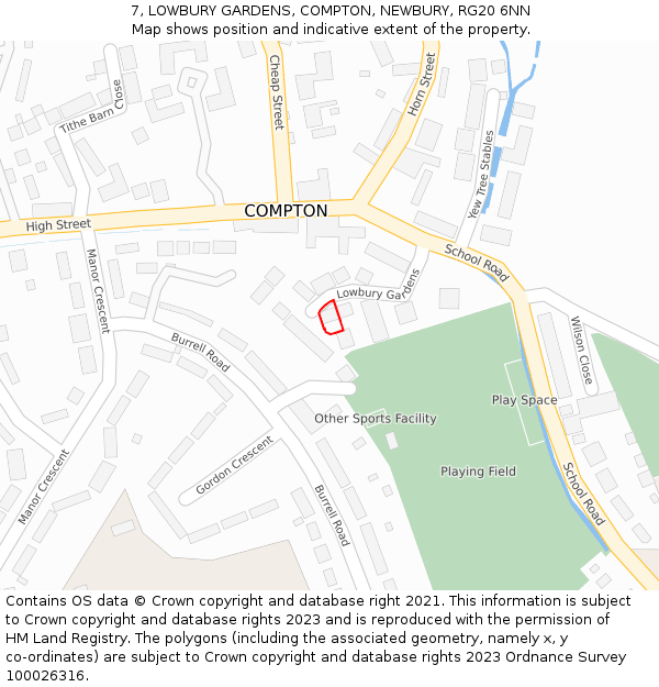 7, LOWBURY GARDENS, COMPTON, NEWBURY, RG20 6NN: Location map and indicative extent of plot