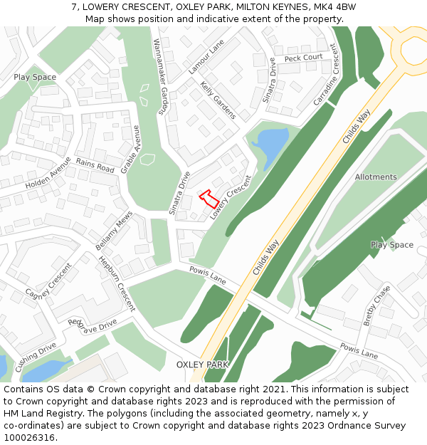 7, LOWERY CRESCENT, OXLEY PARK, MILTON KEYNES, MK4 4BW: Location map and indicative extent of plot