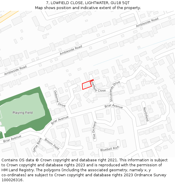 7, LOWFIELD CLOSE, LIGHTWATER, GU18 5QT: Location map and indicative extent of plot