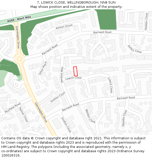 7, LOWICK CLOSE, WELLINGBOROUGH, NN8 5UN: Location map and indicative extent of plot