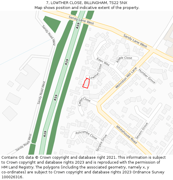 7, LOWTHER CLOSE, BILLINGHAM, TS22 5NX: Location map and indicative extent of plot