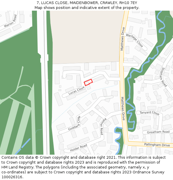 7, LUCAS CLOSE, MAIDENBOWER, CRAWLEY, RH10 7EY: Location map and indicative extent of plot