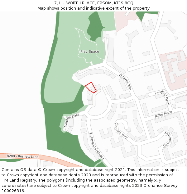 7, LULWORTH PLACE, EPSOM, KT19 8GQ: Location map and indicative extent of plot