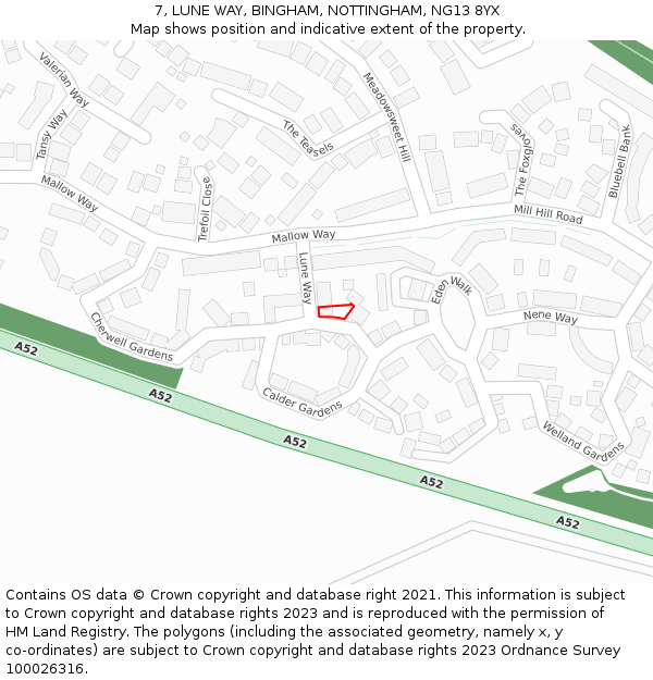 7, LUNE WAY, BINGHAM, NOTTINGHAM, NG13 8YX: Location map and indicative extent of plot