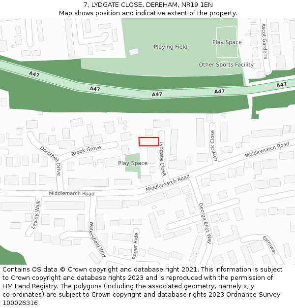 7, LYDGATE CLOSE, DEREHAM, NR19 1EN: Location map and indicative extent of plot