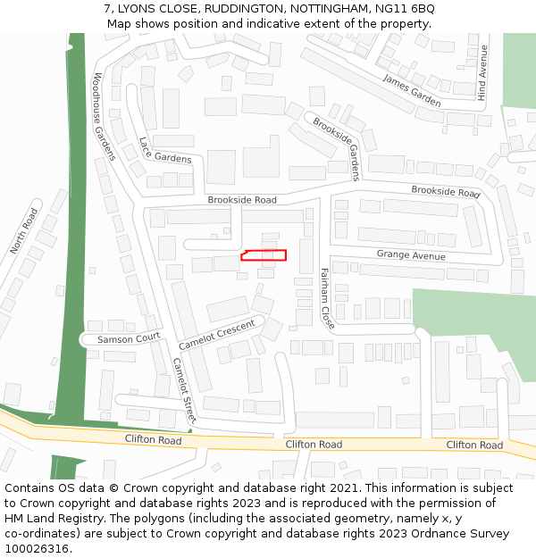 7, LYONS CLOSE, RUDDINGTON, NOTTINGHAM, NG11 6BQ: Location map and indicative extent of plot