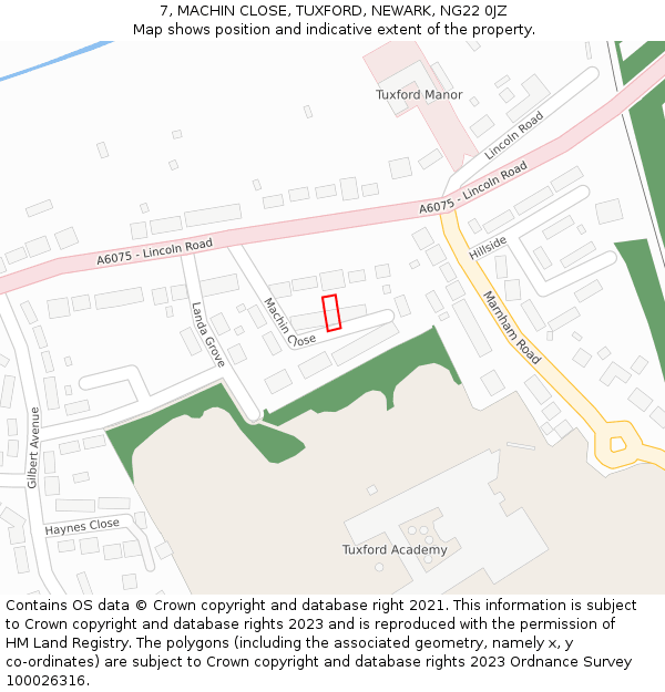 7, MACHIN CLOSE, TUXFORD, NEWARK, NG22 0JZ: Location map and indicative extent of plot