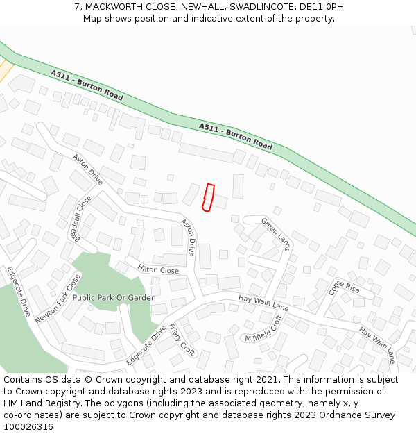 7, MACKWORTH CLOSE, NEWHALL, SWADLINCOTE, DE11 0PH: Location map and indicative extent of plot