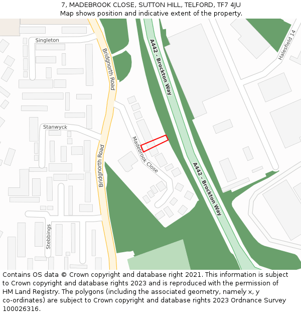 7, MADEBROOK CLOSE, SUTTON HILL, TELFORD, TF7 4JU: Location map and indicative extent of plot
