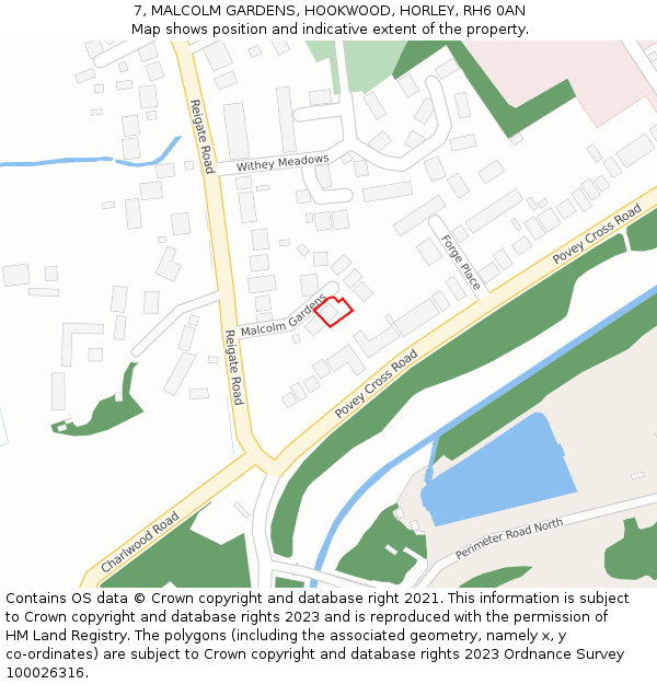 7, MALCOLM GARDENS, HOOKWOOD, HORLEY, RH6 0AN: Location map and indicative extent of plot