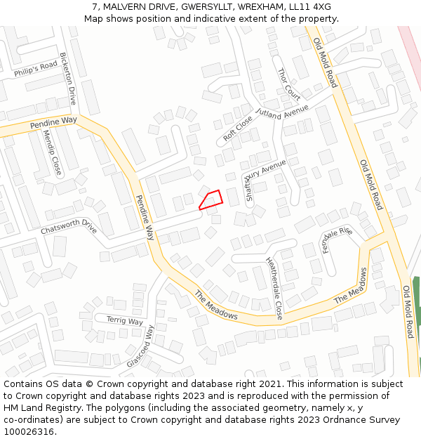 7, MALVERN DRIVE, GWERSYLLT, WREXHAM, LL11 4XG: Location map and indicative extent of plot