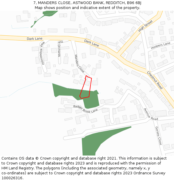 7, MANDERS CLOSE, ASTWOOD BANK, REDDITCH, B96 6BJ: Location map and indicative extent of plot