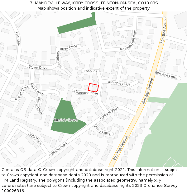 7, MANDEVILLE WAY, KIRBY CROSS, FRINTON-ON-SEA, CO13 0RS: Location map and indicative extent of plot