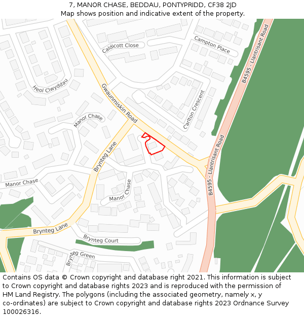 7, MANOR CHASE, BEDDAU, PONTYPRIDD, CF38 2JD: Location map and indicative extent of plot