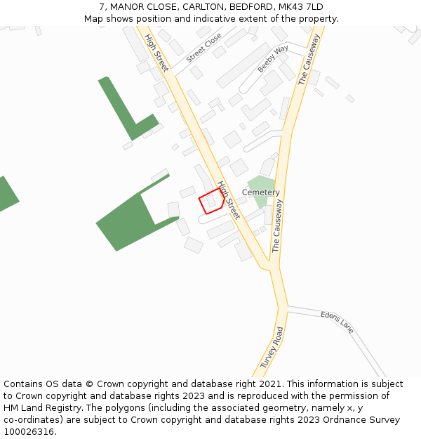 7, MANOR CLOSE, CARLTON, BEDFORD, MK43 7LD: Location map and indicative extent of plot