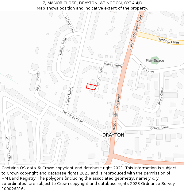 7, MANOR CLOSE, DRAYTON, ABINGDON, OX14 4JD: Location map and indicative extent of plot