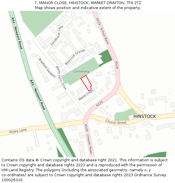 7, MANOR CLOSE, HINSTOCK, MARKET DRAYTON, TF9 2TZ: Location map and indicative extent of plot