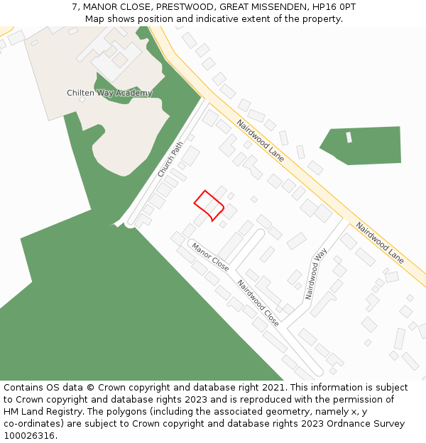 7, MANOR CLOSE, PRESTWOOD, GREAT MISSENDEN, HP16 0PT: Location map and indicative extent of plot