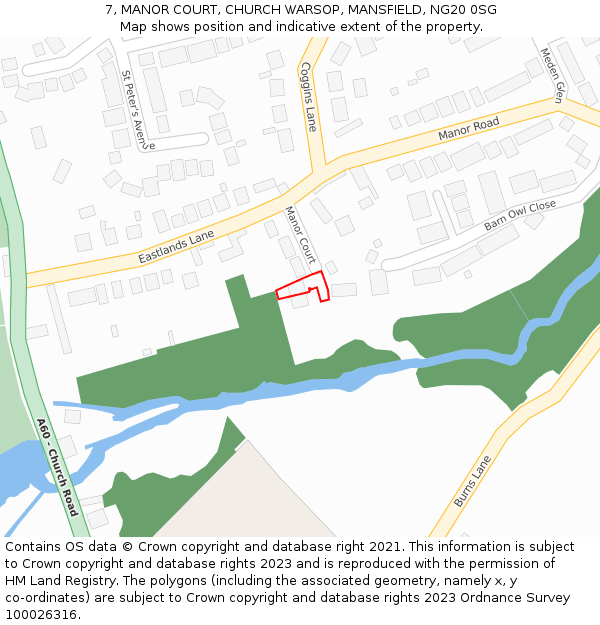 7, MANOR COURT, CHURCH WARSOP, MANSFIELD, NG20 0SG: Location map and indicative extent of plot