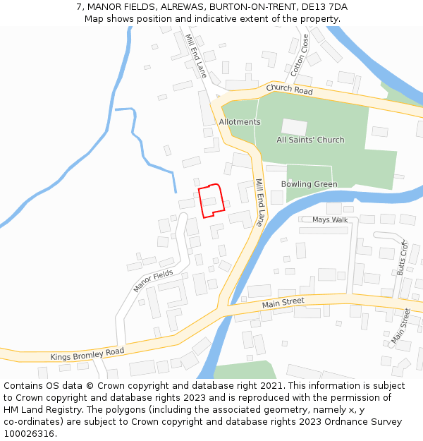 7, MANOR FIELDS, ALREWAS, BURTON-ON-TRENT, DE13 7DA: Location map and indicative extent of plot