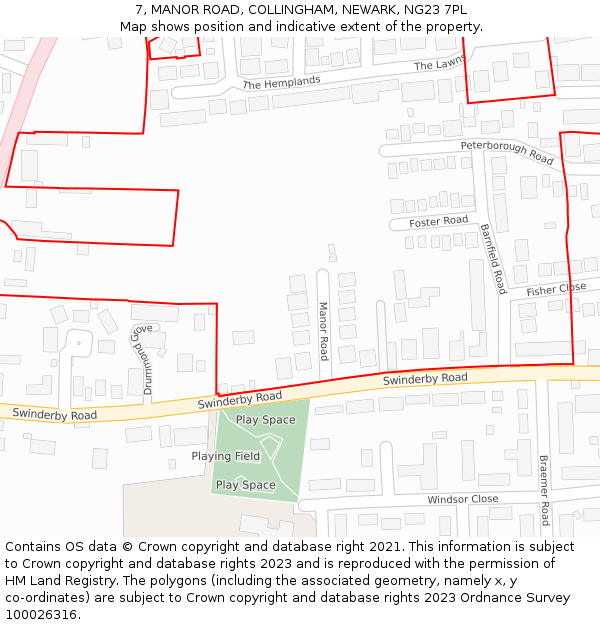 7, MANOR ROAD, COLLINGHAM, NEWARK, NG23 7PL: Location map and indicative extent of plot