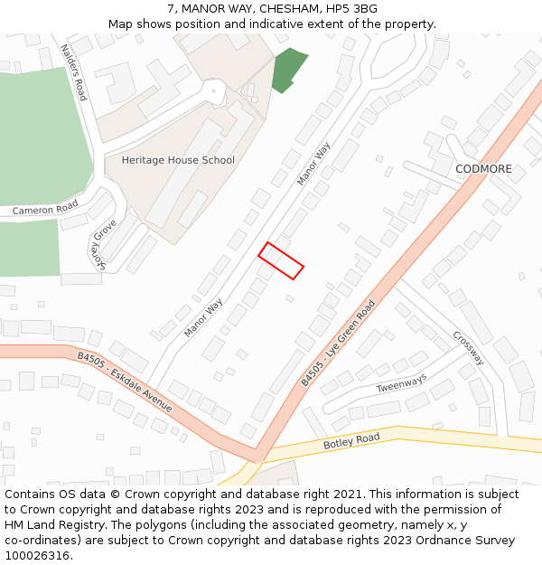 7, MANOR WAY, CHESHAM, HP5 3BG: Location map and indicative extent of plot