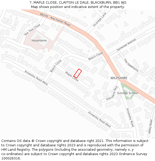 7, MAPLE CLOSE, CLAYTON LE DALE, BLACKBURN, BB1 9JG: Location map and indicative extent of plot