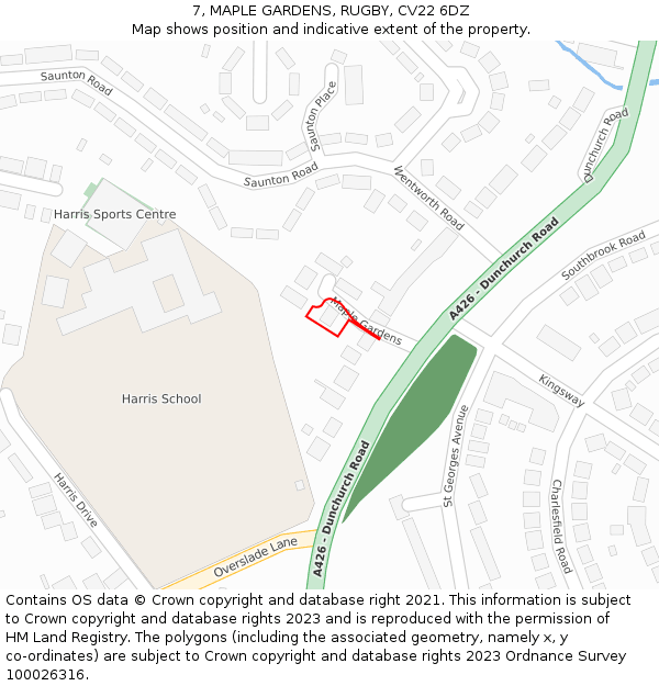 7, MAPLE GARDENS, RUGBY, CV22 6DZ: Location map and indicative extent of plot