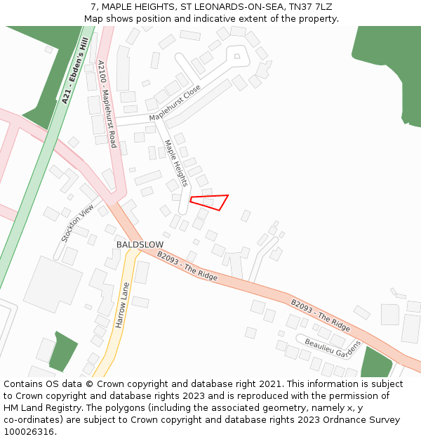 7, MAPLE HEIGHTS, ST LEONARDS-ON-SEA, TN37 7LZ: Location map and indicative extent of plot