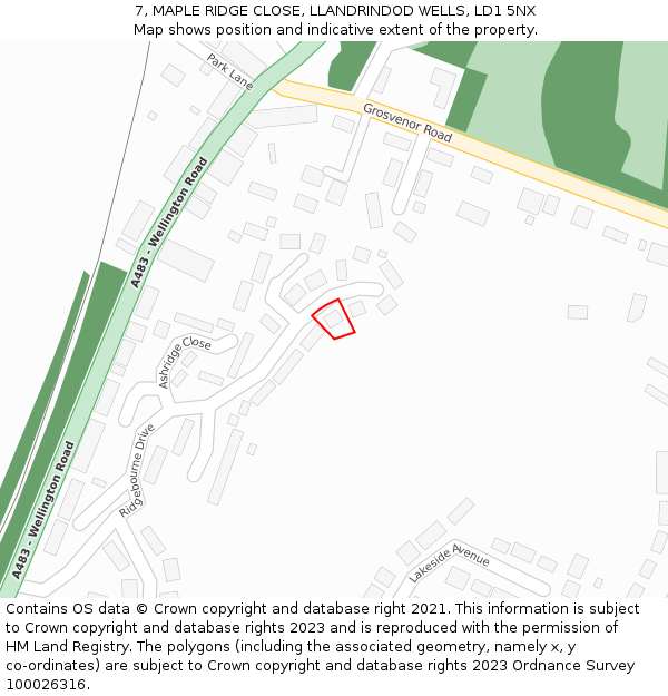7, MAPLE RIDGE CLOSE, LLANDRINDOD WELLS, LD1 5NX: Location map and indicative extent of plot