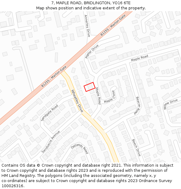 7, MAPLE ROAD, BRIDLINGTON, YO16 6TE: Location map and indicative extent of plot