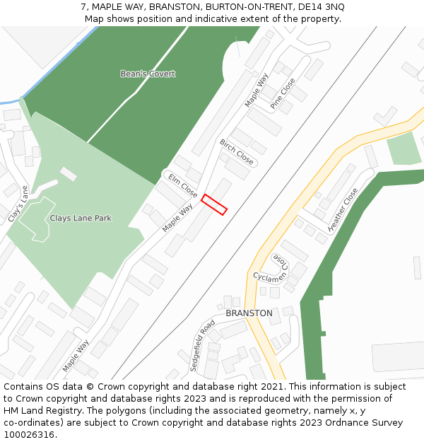 7, MAPLE WAY, BRANSTON, BURTON-ON-TRENT, DE14 3NQ: Location map and indicative extent of plot