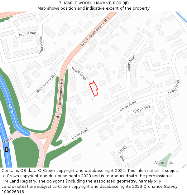 7, MAPLE WOOD, HAVANT, PO9 3JB: Location map and indicative extent of plot