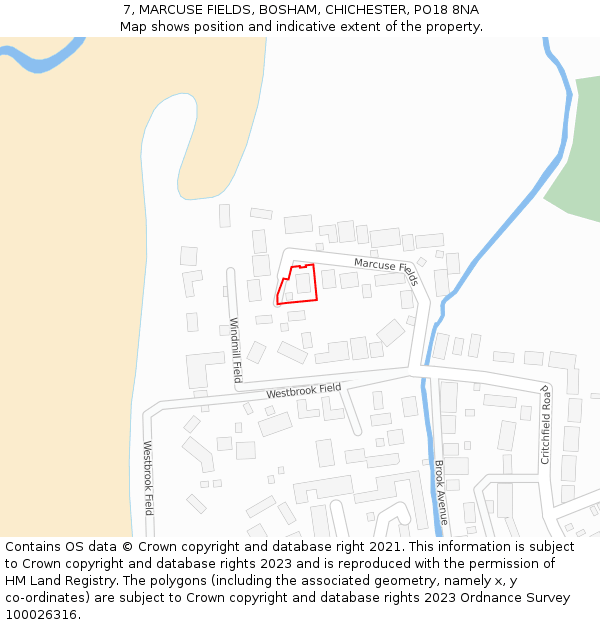 7, MARCUSE FIELDS, BOSHAM, CHICHESTER, PO18 8NA: Location map and indicative extent of plot