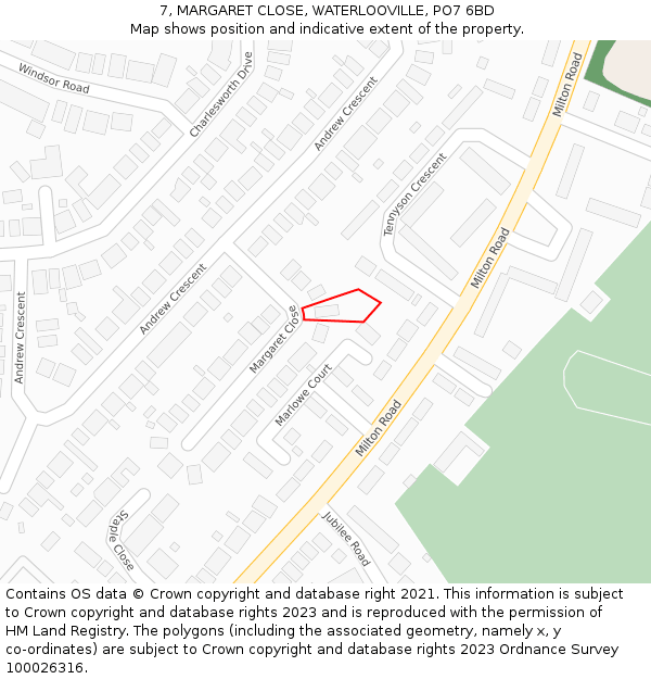 7, MARGARET CLOSE, WATERLOOVILLE, PO7 6BD: Location map and indicative extent of plot