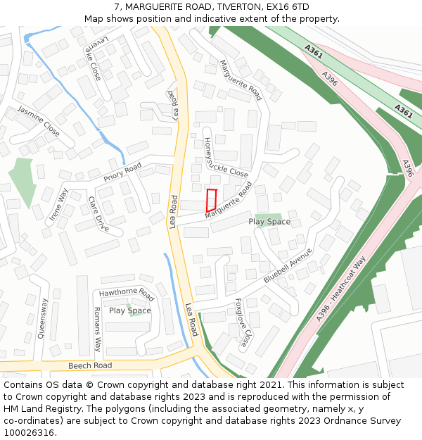 7, MARGUERITE ROAD, TIVERTON, EX16 6TD: Location map and indicative extent of plot