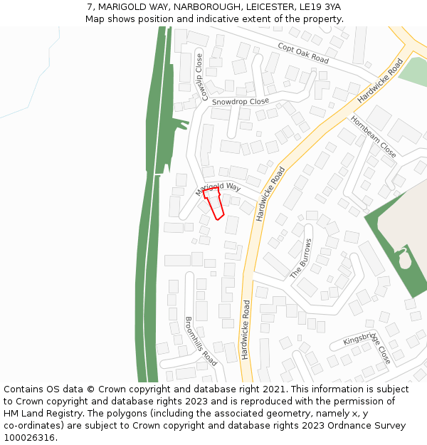 7, MARIGOLD WAY, NARBOROUGH, LEICESTER, LE19 3YA: Location map and indicative extent of plot