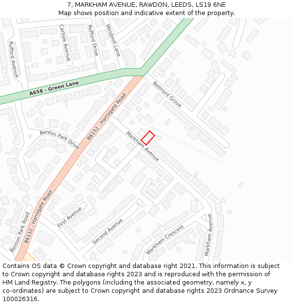 7, MARKHAM AVENUE, RAWDON, LEEDS, LS19 6NE: Location map and indicative extent of plot