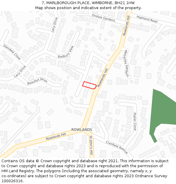 7, MARLBOROUGH PLACE, WIMBORNE, BH21 1HW: Location map and indicative extent of plot