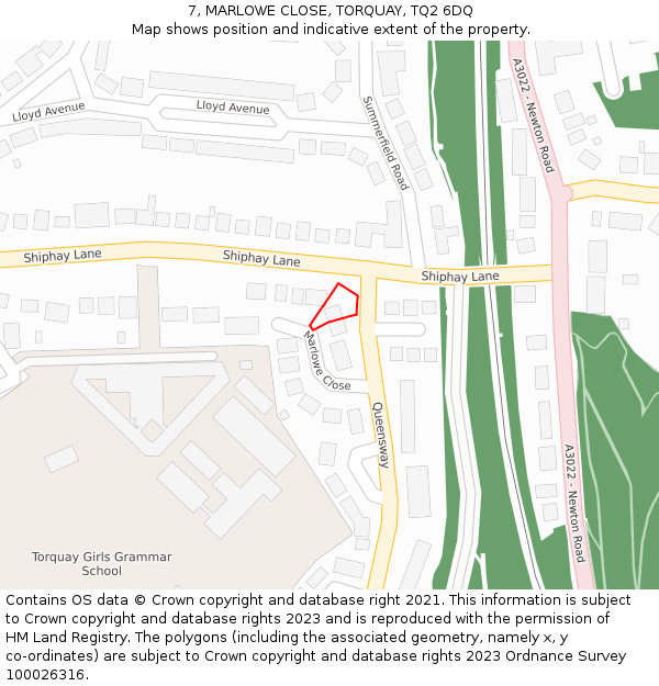 7, MARLOWE CLOSE, TORQUAY, TQ2 6DQ: Location map and indicative extent of plot
