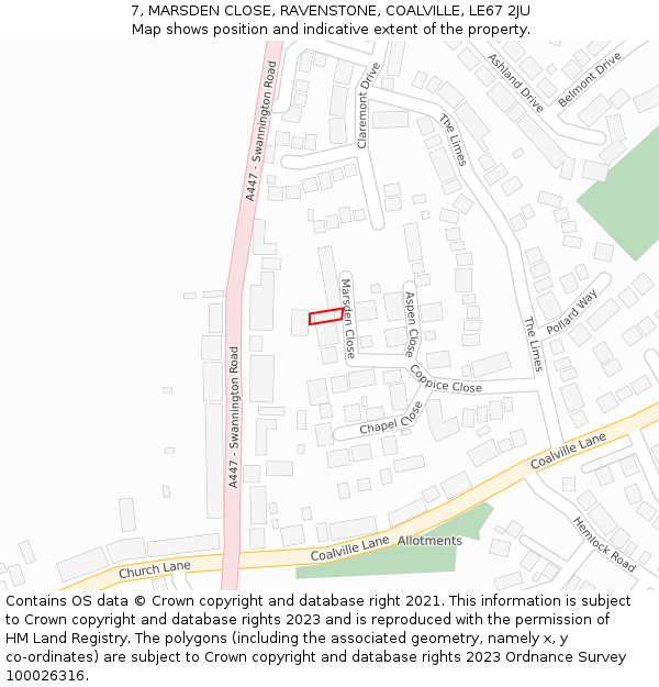 7, MARSDEN CLOSE, RAVENSTONE, COALVILLE, LE67 2JU: Location map and indicative extent of plot