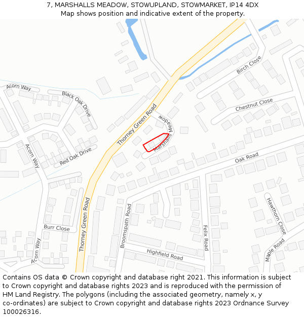 7, MARSHALLS MEADOW, STOWUPLAND, STOWMARKET, IP14 4DX: Location map and indicative extent of plot